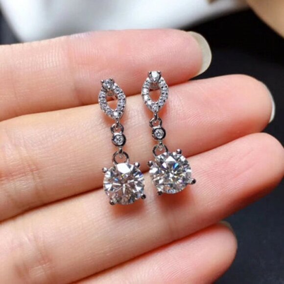 Tiny CZ Bezel Drop Earrings Round Crystal Dangle Charm  CZ Round Shaped Drop Earring for Women Silver Color Full Diamond, HA4517